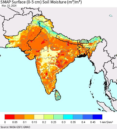 Southern Asia SMAP Surface (0-5 cm) Soil Moisture (m³/m³) Thematic Map For 3/6/2024 - 3/10/2024