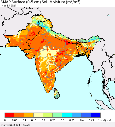 Southern Asia SMAP Surface (0-5 cm) Soil Moisture (m³/m³) Thematic Map For 3/11/2024 - 3/15/2024