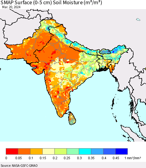 Southern Asia SMAP Surface (0-5 cm) Soil Moisture (m³/m³) Thematic Map For 3/16/2024 - 3/20/2024