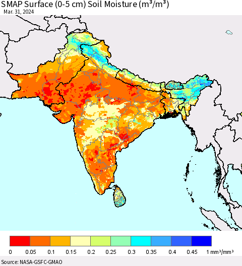 Southern Asia SMAP Surface (0-5 cm) Soil Moisture (m³/m³) Thematic Map For 3/26/2024 - 3/31/2024