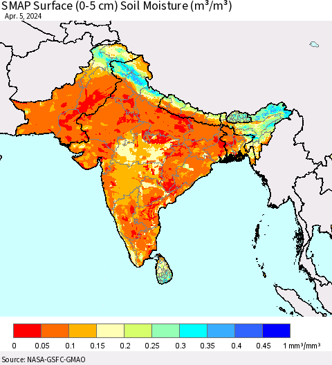 Southern Asia SMAP Surface (0-5 cm) Soil Moisture (m³/m³) Thematic Map For 4/1/2024 - 4/5/2024
