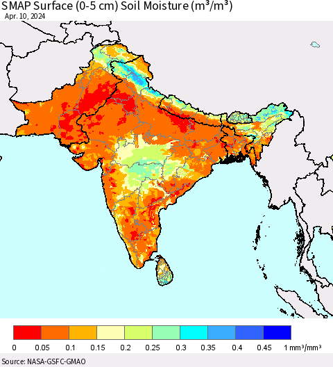Southern Asia SMAP Surface (0-5 cm) Soil Moisture (m³/m³) Thematic Map For 4/6/2024 - 4/10/2024