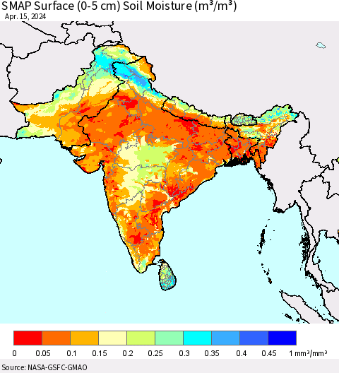 Southern Asia SMAP Surface (0-5 cm) Soil Moisture (m³/m³) Thematic Map For 4/11/2024 - 4/15/2024