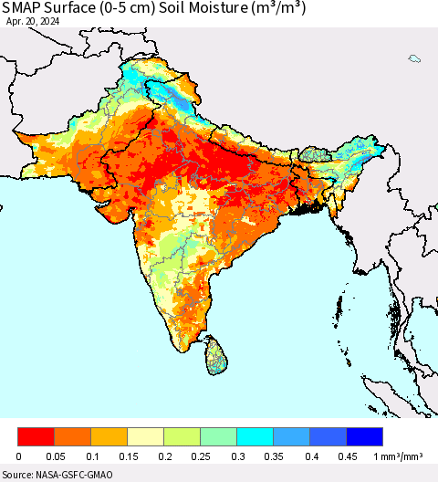 Southern Asia SMAP Surface (0-5 cm) Soil Moisture (m³/m³) Thematic Map For 4/16/2024 - 4/20/2024