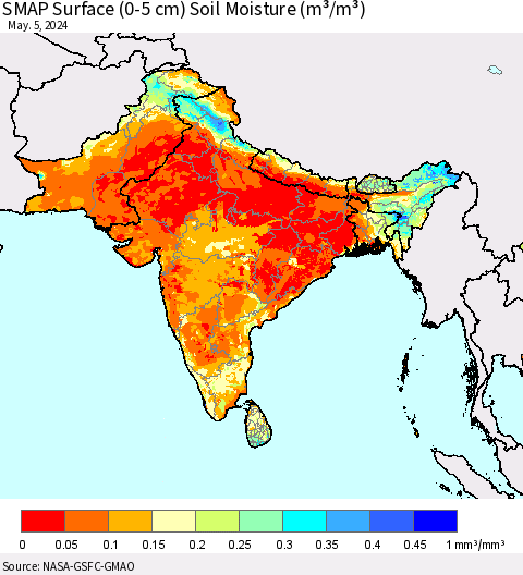 Southern Asia SMAP Surface (0-5 cm) Soil Moisture (m³/m³) Thematic Map For 5/1/2024 - 5/5/2024