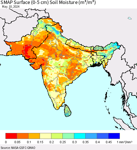 Southern Asia SMAP Surface (0-5 cm) Soil Moisture (m³/m³) Thematic Map For 5/6/2024 - 5/10/2024