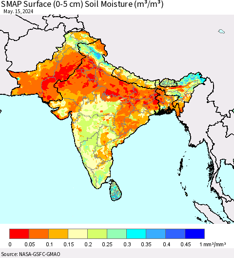Southern Asia SMAP Surface (0-5 cm) Soil Moisture (m³/m³) Thematic Map For 5/11/2024 - 5/15/2024