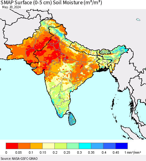 Southern Asia SMAP Surface (0-5 cm) Soil Moisture (m³/m³) Thematic Map For 5/16/2024 - 5/20/2024