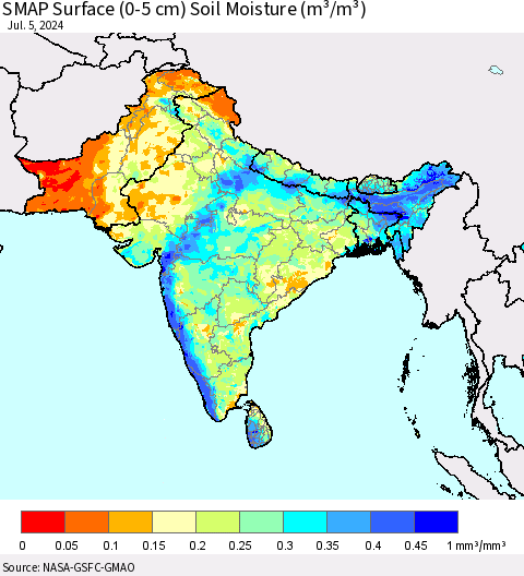 Southern Asia SMAP Surface (0-5 cm) Soil Moisture (m³/m³) Thematic Map For 7/1/2024 - 7/5/2024