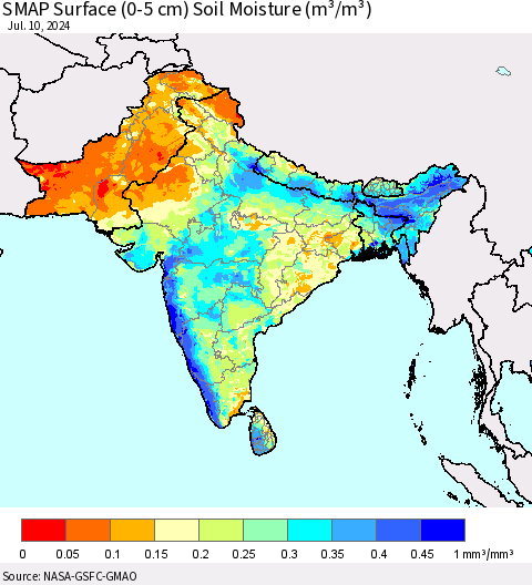 Southern Asia SMAP Surface (0-5 cm) Soil Moisture (m³/m³) Thematic Map For 7/6/2024 - 7/10/2024