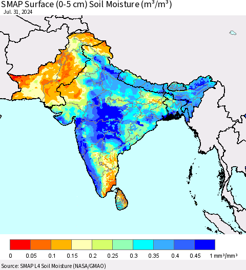 Southern Asia SMAP Surface (0-5 cm) Soil Moisture (m³/m³) Thematic Map For 7/26/2024 - 7/31/2024