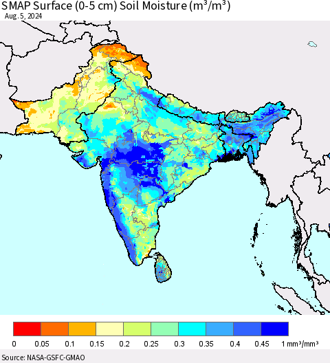 Southern Asia SMAP Surface (0-5 cm) Soil Moisture (m³/m³) Thematic Map For 8/1/2024 - 8/5/2024