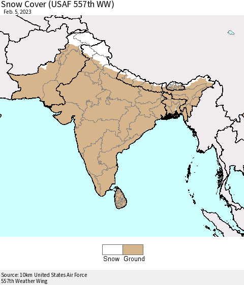 Southern Asia Snow Cover (USAF 557th WW) Thematic Map For 1/30/2023 - 2/5/2023