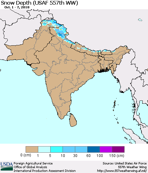 Southern Asia Snow Depth (USAF 557th WW) Thematic Map For 10/1/2018 - 10/7/2018