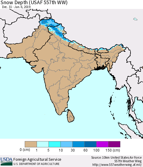 Southern Asia Snow Depth (USAF 557th WW) Thematic Map For 12/31/2018 - 1/6/2019