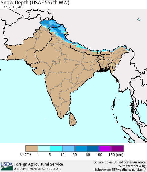 Southern Asia Snow Depth (USAF 557th WW) Thematic Map For 1/7/2019 - 1/13/2019