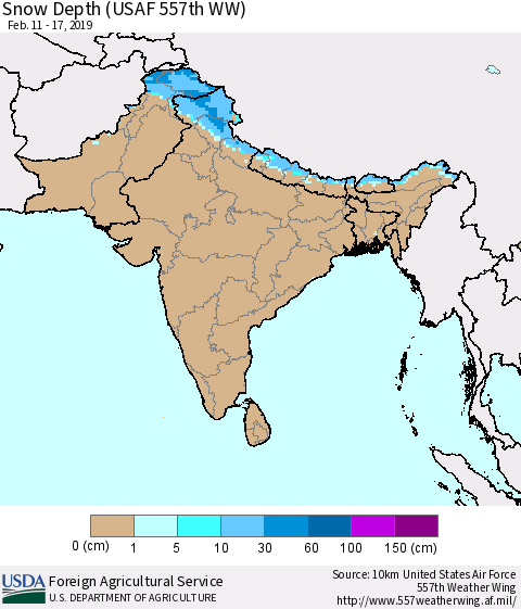 Southern Asia Snow Depth (USAF 557th WW) Thematic Map For 2/11/2019 - 2/17/2019
