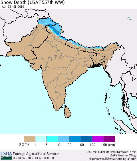 Southern Asia Snow Depth (USAF 557th WW) Thematic Map For 4/15/2019 - 4/21/2019