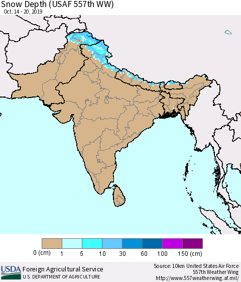Southern Asia Snow Depth (USAF 557th WW) Thematic Map For 10/14/2019 - 10/20/2019