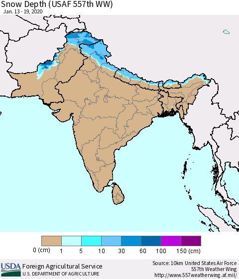 Southern Asia Snow Depth (USAF 557th WW) Thematic Map For 1/13/2020 - 1/19/2020