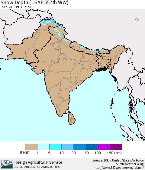 Southern Asia Snow Depth (USAF 557th WW) Thematic Map For 9/28/2020 - 10/4/2020