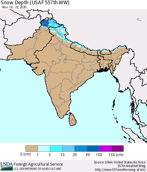 Southern Asia Snow Depth (USAF 557th WW) Thematic Map For 11/16/2020 - 11/22/2020