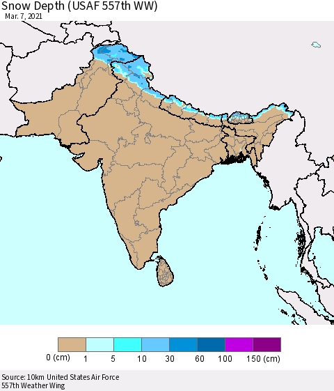 Southern Asia Snow Depth (USAF 557th WW) Thematic Map For 3/1/2021 - 3/7/2021