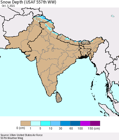 Southern Asia Snow Depth (USAF 557th WW) Thematic Map For 9/27/2021 - 10/3/2021