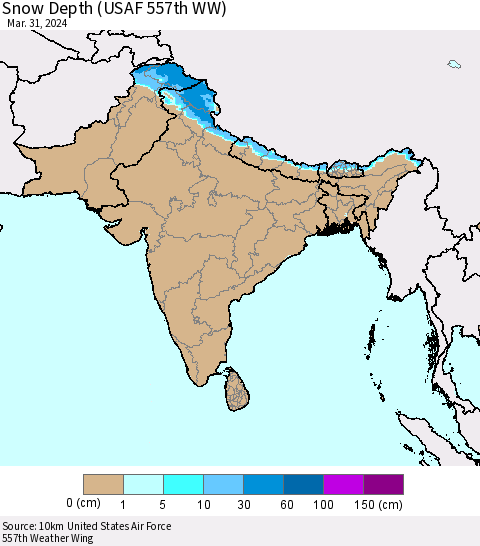 Southern Asia Snow Depth (USAF 557th WW) Thematic Map For 3/25/2024 - 3/31/2024