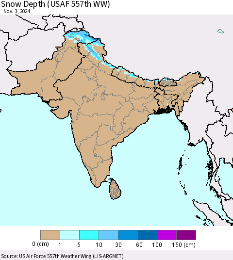 Southern Asia Snow Depth (USAF 557th WW) Thematic Map For 10/28/2024 - 11/3/2024