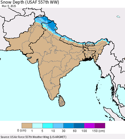 Southern Asia Snow Depth (USAF 557th WW) Thematic Map For 3/3/2025 - 3/9/2025