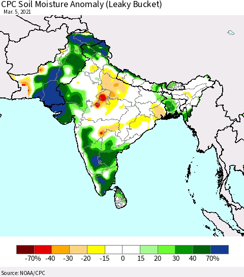 Southern Asia CPC Soil Moisture Anomaly (Leaky Bucket) Thematic Map For 3/1/2021 - 3/5/2021