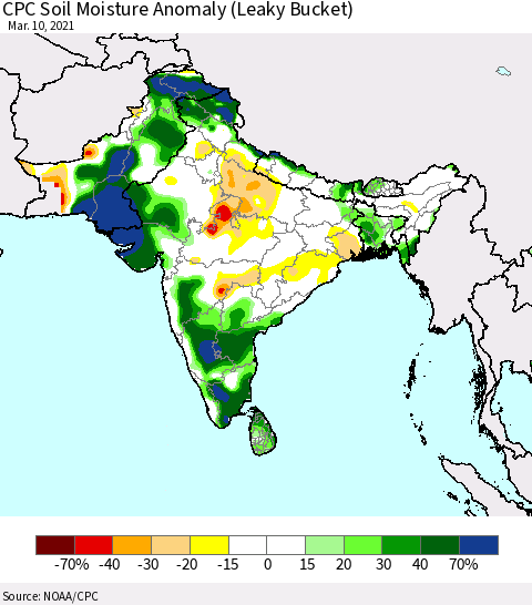 Southern Asia CPC Soil Moisture Anomaly (Leaky Bucket) Thematic Map For 3/6/2021 - 3/10/2021