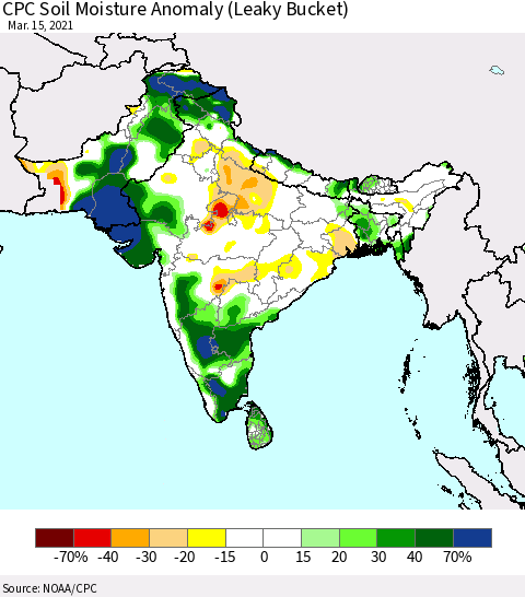 Southern Asia CPC Soil Moisture Anomaly (Leaky Bucket) Thematic Map For 3/11/2021 - 3/15/2021