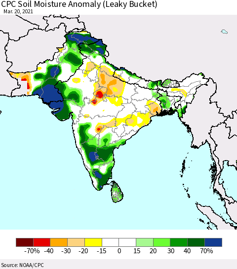 Southern Asia CPC Soil Moisture Anomaly (Leaky Bucket) Thematic Map For 3/16/2021 - 3/20/2021