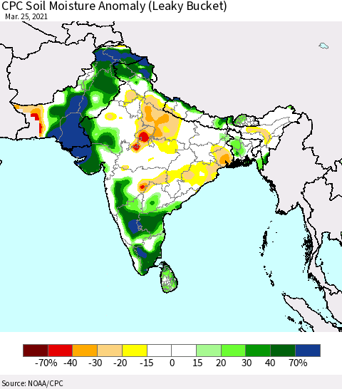 Southern Asia CPC Soil Moisture Anomaly (Leaky Bucket) Thematic Map For 3/21/2021 - 3/25/2021