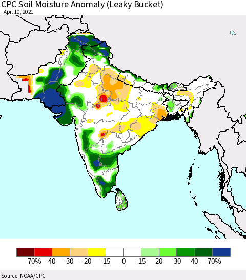 Southern Asia CPC Soil Moisture Anomaly (Leaky Bucket) Thematic Map For 4/6/2021 - 4/10/2021