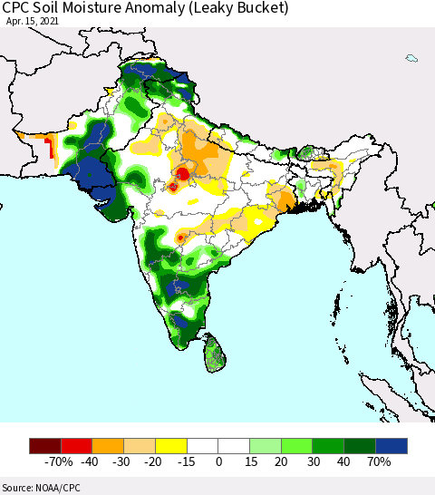 Southern Asia CPC Soil Moisture Anomaly (Leaky Bucket) Thematic Map For 4/11/2021 - 4/15/2021
