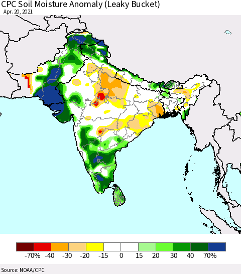 Southern Asia CPC Soil Moisture Anomaly (Leaky Bucket) Thematic Map For 4/16/2021 - 4/20/2021