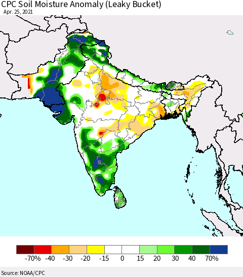 Southern Asia CPC Soil Moisture Anomaly (Leaky Bucket) Thematic Map For 4/21/2021 - 4/25/2021
