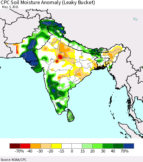 Southern Asia CPC Soil Moisture Anomaly (Leaky Bucket) Thematic Map For 5/1/2021 - 5/5/2021