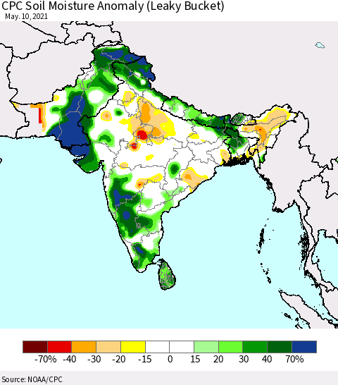 Southern Asia CPC Soil Moisture Anomaly (Leaky Bucket) Thematic Map For 5/6/2021 - 5/10/2021