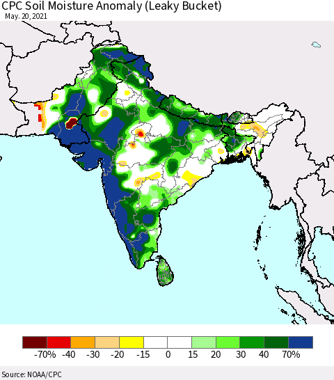 Southern Asia CPC Soil Moisture Anomaly (Leaky Bucket) Thematic Map For 5/16/2021 - 5/20/2021