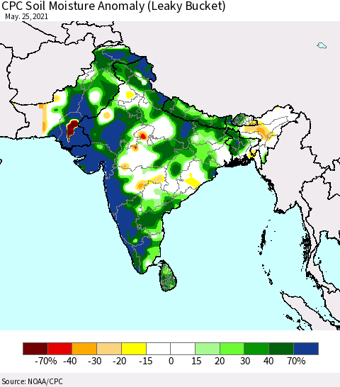 Southern Asia CPC Soil Moisture Anomaly (Leaky Bucket) Thematic Map For 5/21/2021 - 5/25/2021