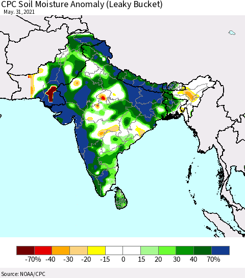 Southern Asia CPC Soil Moisture Anomaly (Leaky Bucket) Thematic Map For 5/26/2021 - 5/31/2021