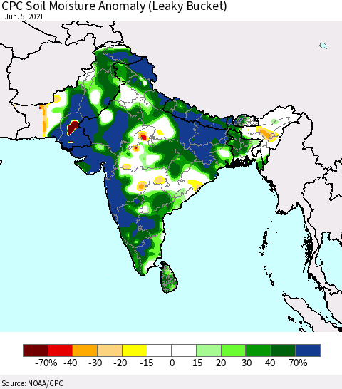 Southern Asia CPC Soil Moisture Anomaly (Leaky Bucket) Thematic Map For 6/1/2021 - 6/5/2021