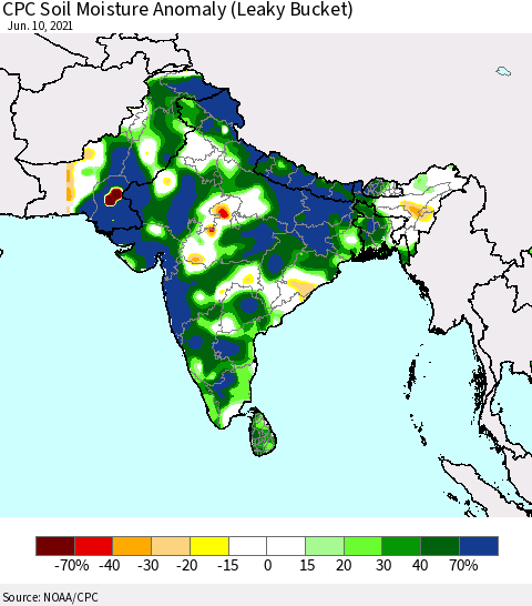 Southern Asia CPC Soil Moisture Anomaly (Leaky Bucket) Thematic Map For 6/6/2021 - 6/10/2021