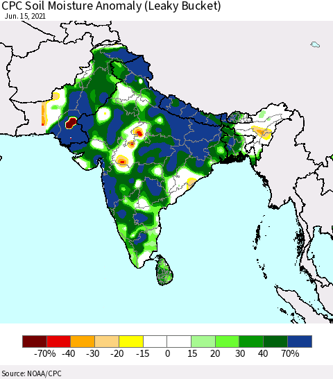 Southern Asia CPC Soil Moisture Anomaly (Leaky Bucket) Thematic Map For 6/11/2021 - 6/15/2021