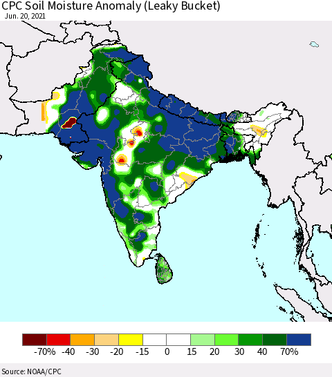 Southern Asia CPC Soil Moisture Anomaly (Leaky Bucket) Thematic Map For 6/16/2021 - 6/20/2021