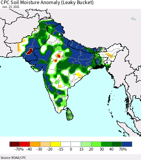 Southern Asia CPC Soil Moisture Anomaly (Leaky Bucket) Thematic Map For 6/21/2021 - 6/25/2021